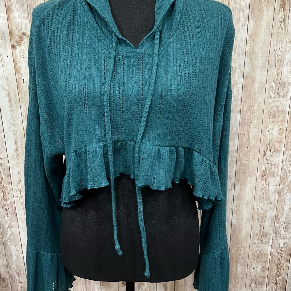 Out‎ From Under Teal Knit Hoodie with Ruffle Details